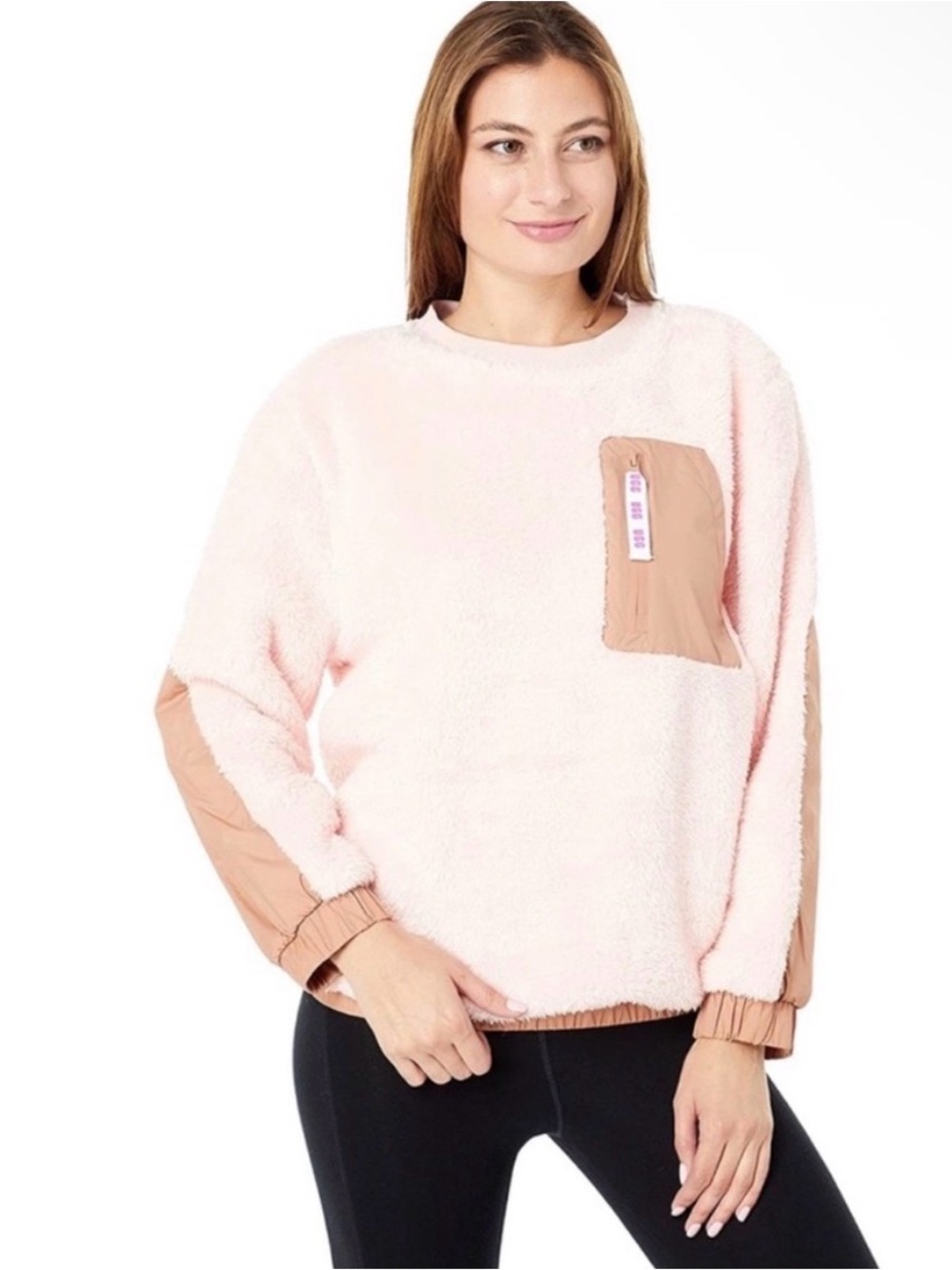 UGG Niko Sherpa Pullover Blush Pink Sherpa Pullover with Tan Accents